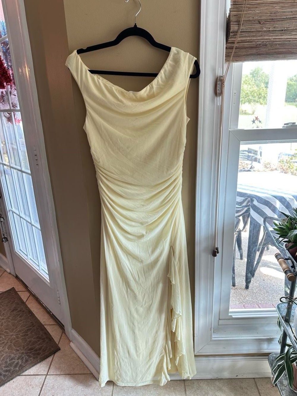 Altar'd State Pale Yellow Cowl Neck Ruched Maxi Dress